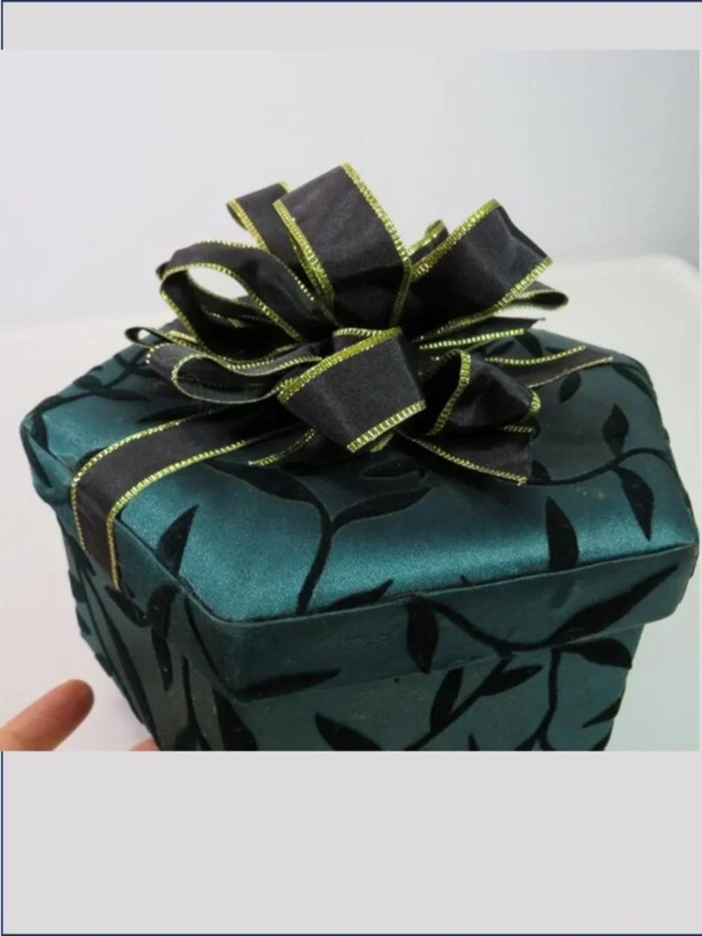 Vintage Hexagonal Fabric Covered Gift Box Teal Velvet Leaves Black Gold Bow
